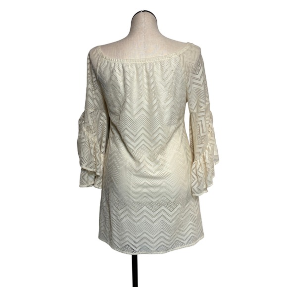Rachel Kate Cream Chevron Lace Bell Sleeve Off The Shoulder Mini Dress L - Picture 3 of 7